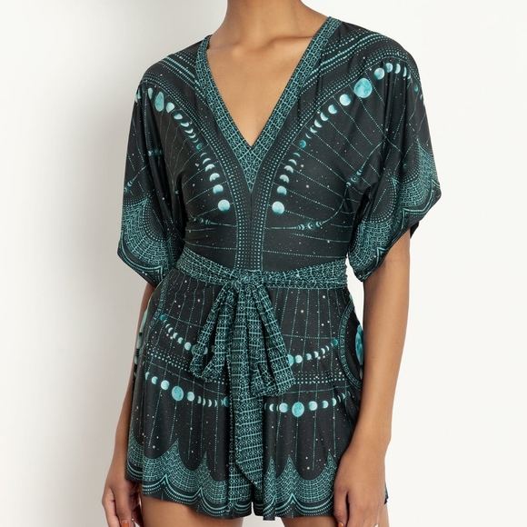 BlackMilk moon phases teal silky playsuit romper celestial size S Witchy Gothic - Picture 5 of 6